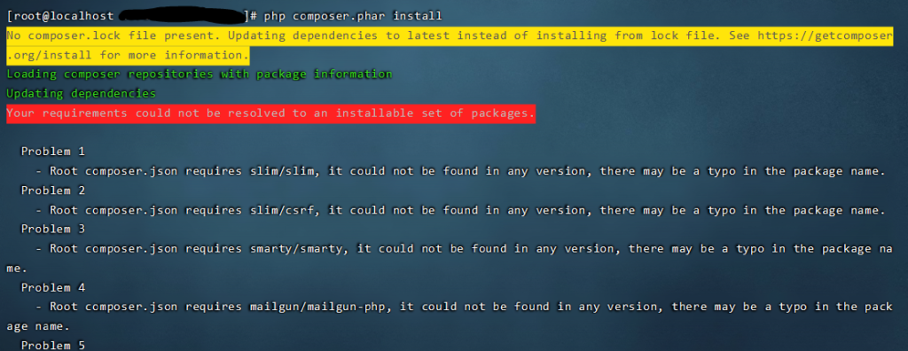 php composer.phar install大量报错could not be found in any version, there may be a typo in the package name